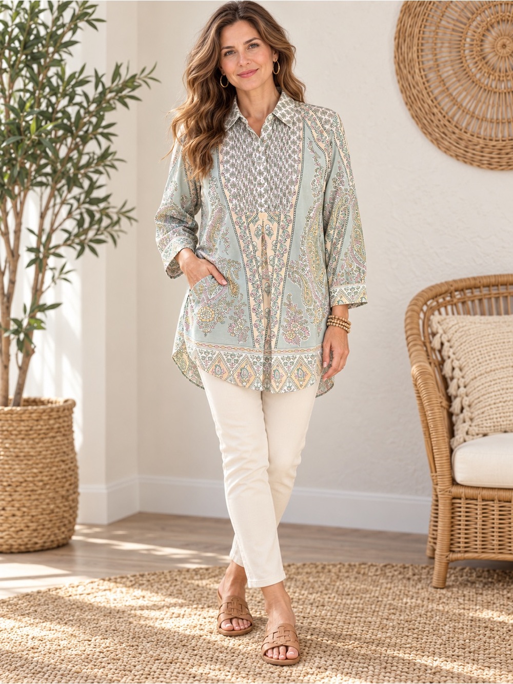 Soft Surroundings Tabitha Tunic 1X Pastel Paisley Cotton Pintuck Popover Blouse